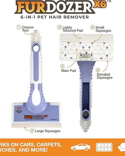 FurDozer Pet Hair Remover & Auto Detailing Tools - Cat & Dog Hair Remover for Carpets, Car Interiors, Couches, Bedding, & Pet Furniture (Purple, (3 Pack) - X6, X3 PRO, X3 MINI)