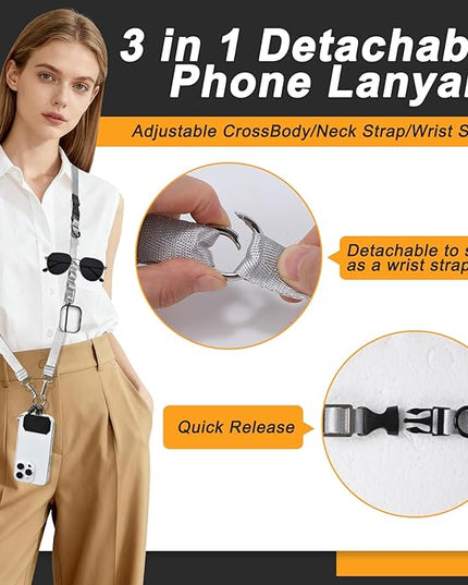 Detachable Phone Lanyard for Women Multifunctional Adjustable Phone Strap Crossbody Anti Theft with Tether Tabs for Cell Phone, ID Badge, Camera, Travel Essentials - Grey