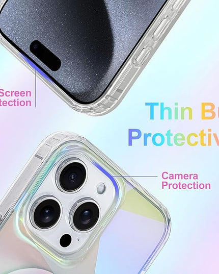 Cute Case for iPhone 15 Pro Max Case for Women Girls [ Compatible with Magsafe ] Clear Glitter Girly Aesthetic Rainbow Sparkly Bling Magnetic Phone Cover, Iridescent Geometry