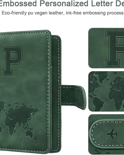Personalized P Passport Holder Cover Initial Letter Travel Wallet RFID Blocking Passport Cover Credit Card Holder Case Passport Book Holders for Women and Men, Pine Green-P