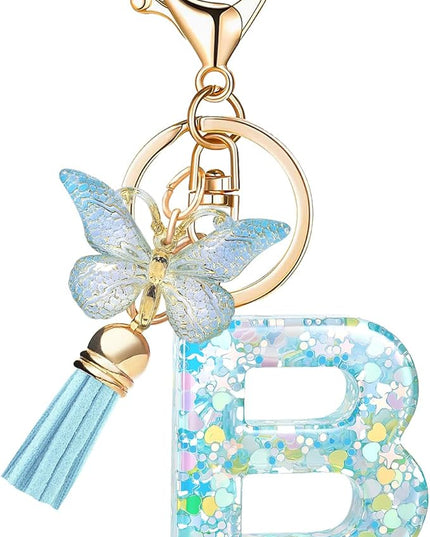 Fashion Alphabet Initial Letter Keychain Tassel Butterfly Pendant Key Ring for Purse Handbags Women Girl
