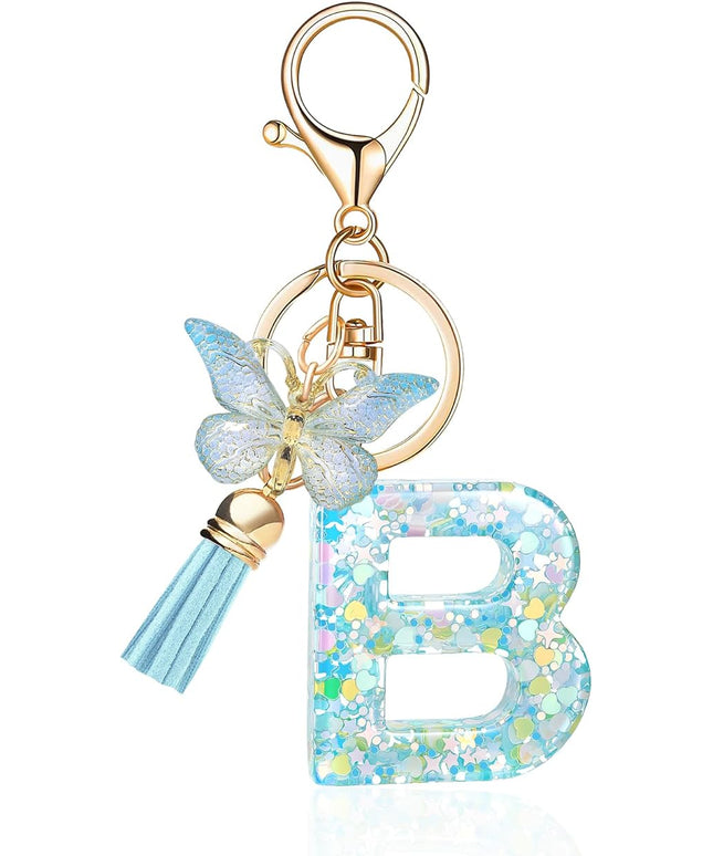Fashion Alphabet Initial Letter Keychain Tassel Butterfly Pendant Key Ring for Purse Handbags Women Girl