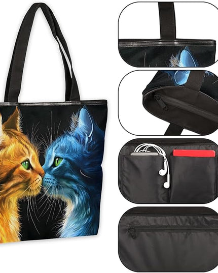 Pardick Canvas Tote Bags, Cute Black Cat Tote Bag Eco Friendly Reusable Grocery Shopping Bagsfor Beach, Books, Women with Zipper Inner Pocket
