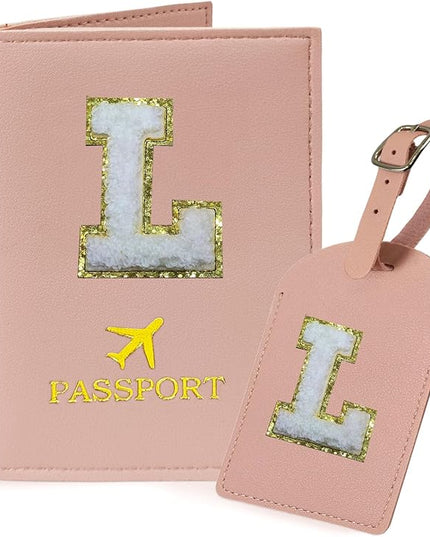 COSHAYSOO Passport Cover and Luggage Tag Set with Her Initial Chenille Letter Patch, Fashionable Travel Bag Backpack Suitcase Identifier Gifts for Granddaughter Grandma Mother Pink L