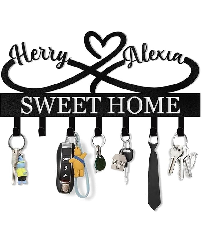 KAINSY Personalized Key Holder for Wall, Custom Key Rack Coat Rack with Couple's Name, Metal Key Holder Wall Mount, Key Hooks Wall Hanging for Bedroom Hallway Home Decor, Wedding Housewarming Gifts