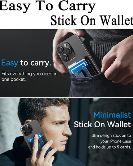 BIAJIYA Phone Wallet Sticky Back with Stand - Holds 6 Cards for iPhone & Samsung, Ultra Thin Leather & Stretch Fabric Card Holder (DeepBlue)