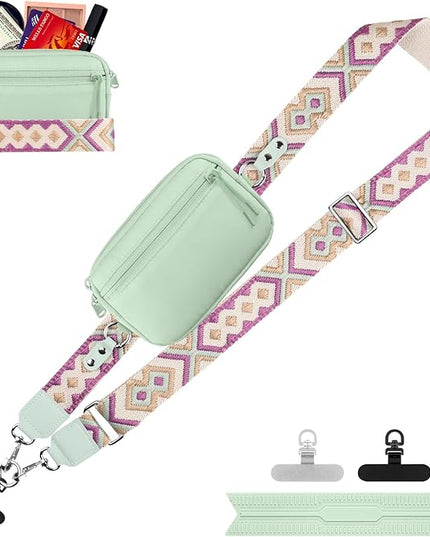 Clip and Go Strap for Phone with Wallet Crossbody, Adjustable Phone Lanyard with Detachable RFID Wristlet Wallet, Pattern Strap, Green (M)