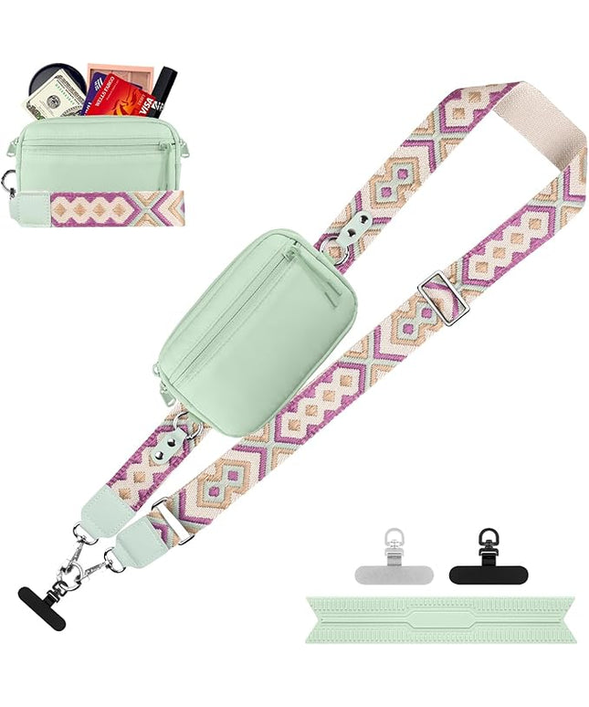 Clip and Go Strap for Phone with Wallet Crossbody, Adjustable Phone Lanyard with Detachable RFID Wristlet Wallet, Pattern Strap, Green (M)