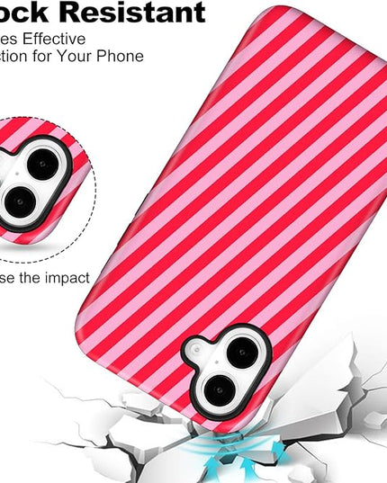Magnetic for iPhone 16 Case Cute Diagonal Stripes Phone Case, Shockproof Slim TPU and Hard PC Protective Phone Cover Compatible with MagSafe Designed for Women Girls,Red