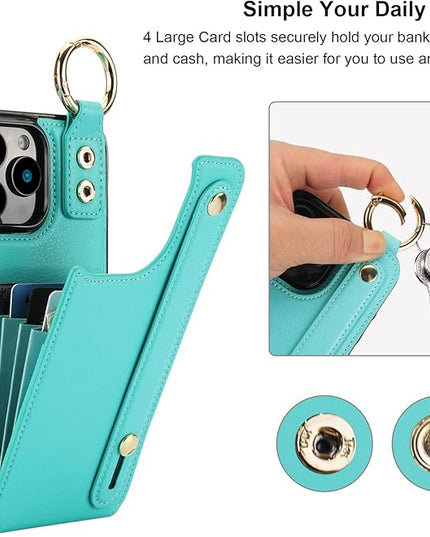 Folosu for iPhone 16 Pro Max Wallet Case with Card Holder, Hand Wrist Strap Loop Holder Kickstand, RFID Blocking Finger Grip Ring PU Leather Double Buttons Shockproof Cover 6.9" Green