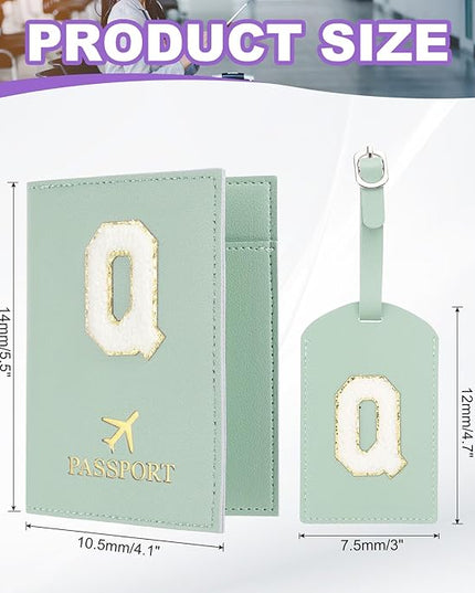 PATIKIL Passport Holder for Travel, Initial Passport Cover and Luggage Tag Set with Alphabet Chenille Letter Patch Travel Wallet Bag Suitcase Identifier for Women Family Travel Green Q