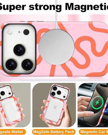 Magnetic for iPhone 17 Pro Max Case Cute Curved Stripes Phone Case, Shockproof Slim TPU and Hard PC Protective Phone Cover Compatible with MagSafe Designed for Women Girls,Pink