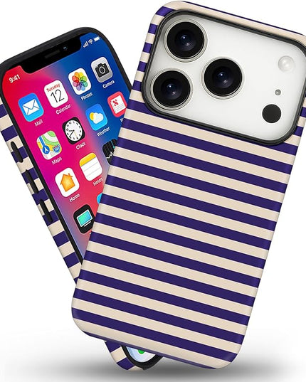 Magnetic for iPhone 17 Pro Max Case Cute Stripes Phone Case, Shockproof Slim TPU and Hard PC Protective Phone Cover Compatible with MagSafe Designed for Women Girls, Blue&Apricot