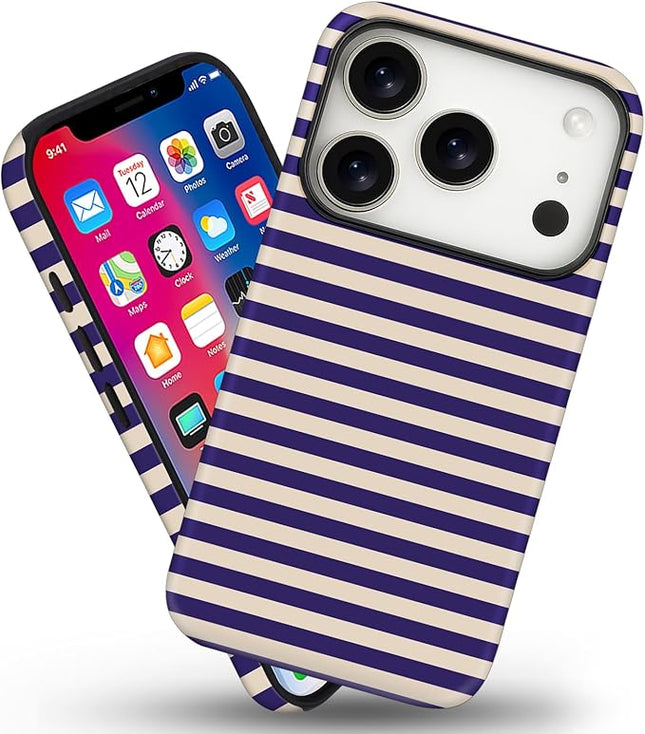 Magnetic for iPhone 17 Pro Max Case Cute Stripes Phone Case, Shockproof Slim TPU and Hard PC Protective Phone Cover Compatible with MagSafe Designed for Women Girls, Blue&Apricot