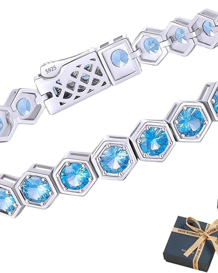 Birthstone Tennis Bracelets for Women Birthday Gifts 925 Sterling Silver Hexagon White Gold Bracelets Round Cut 5A Cubic Zirconia Prong Setting 7 Inch Anniversary Jewelry Gift