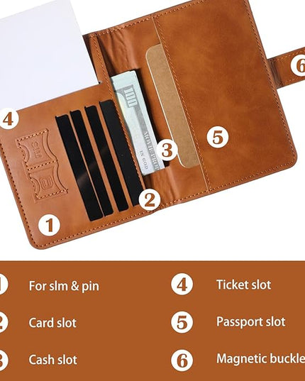 2PCS Passport Book Holder for Travel, Leather Passports Cover with Snap Closure, RFID Blocking Passport Holders Book Case Travel Wallet for Women Men, Airport Essentials Gift(Light Blue/Brown)
