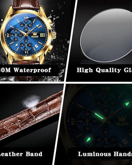 OLEVS Leather Chronograph Watch Men - Leather Strap (Brown/Black), Work Luminous Waterproof Analog Quartz Dress Wrist Watch with Blue/Black/Brown/White Dial