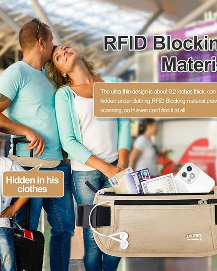 RFID Blocking Money Belt for Men Women, Slim Fanny Pack For Travel，Running,Conceal Waist Wallet For Passport Holder,Phone,Cash(Black Beige), Black Beige