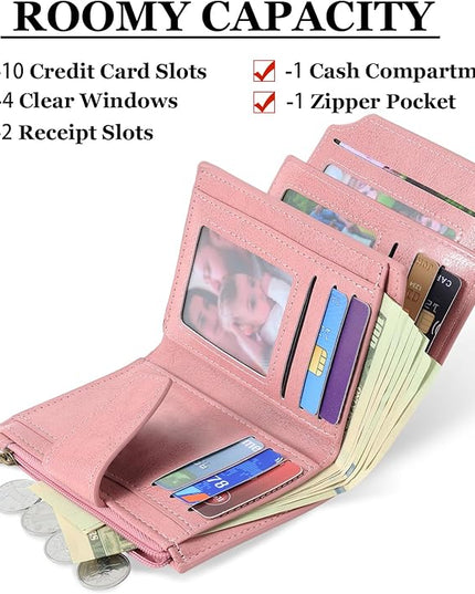 Airkit Small Wallet Women RFID Blocking Soft Leather Bifold Compact Card Holder Wallet for Women with Zipper Coin Pocket 4 ID Window