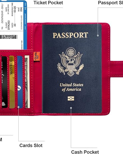 Passport Holder for Travel Passport Holder with Card Slots Holder Passport Case Passport cover for Women and Men Passport Wallet Travel Essentials and Accessories (Buckle, Red)