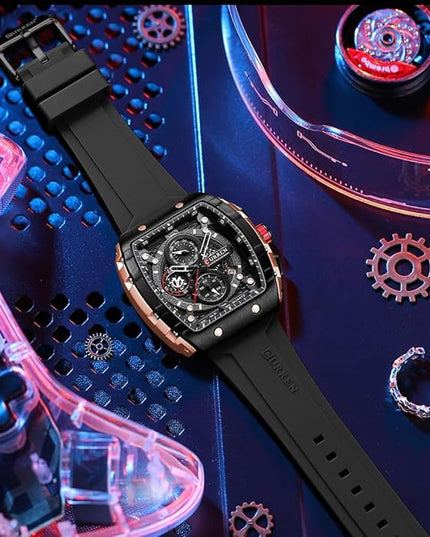 PASOY Luxury Chronograph Watches for Mens Rubber Strap Black Waterproof Date Analog Quartz Watch