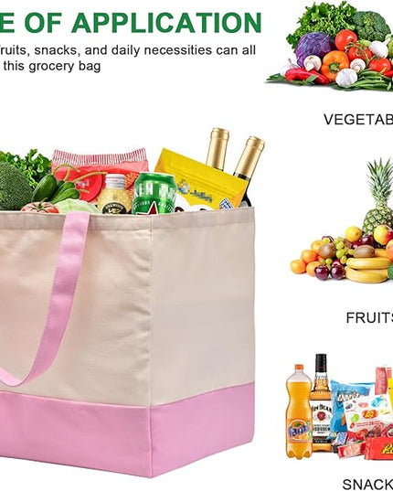 3 Pack Canvas Reusable Grocery Bags Heavy Duty, 8.3 gal Foldable Large Tote Bag with Handles, Holds 60 lbs Canvas Shopping Bags & Washable Eco-friendly Bags with 5 Pockets, Pink+Off white