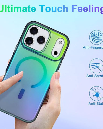 Aesthetic Case for iPhone 17 Pro Case for Women Girls [Compatible with Magsafe] Cute Girly Trendy Glitter Sparkly Rainbow Magnetic Protective Phone Cover, Matte Iridescent Blue & Green