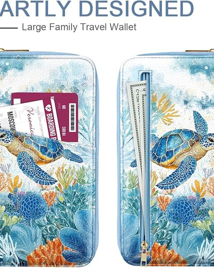 Family Passport Holder Wallet RFID Blocking Document Organizer PU Leather Mulit-purpose Travel Wallet Credit Cards Case for Women Men, Turtle