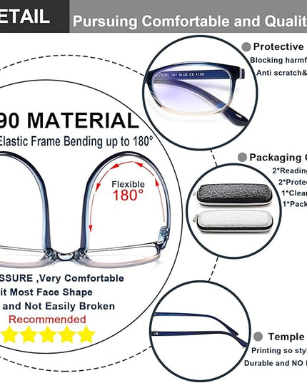 EYEURL 2 Pack Reading Glasses for Women Men, Blue Light Blocking Lightweight TR90 Readers Filter Glare/UV Rays/Eyestrain, 0.50