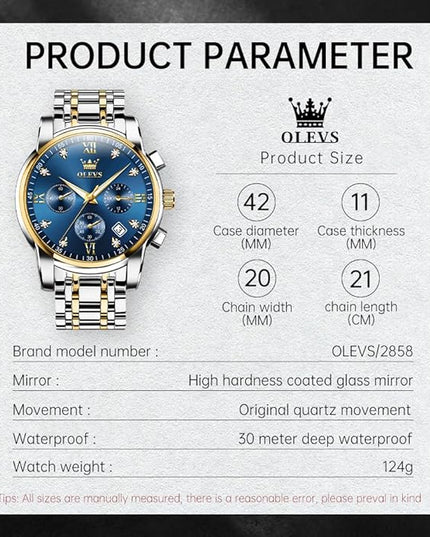 OLEVS Men's Luxury Watch Waterproof Luminous Easy Read Chronograph Watches Full Gold/White Dail/Black Face with Calendar Wristwatch