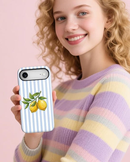 Magnetic for iPhone 17 Air Case Cute Lemon Stripes Phone Case, Shockproof Slim TPU and Hard PC Protective Phone Cover Compatible with MagSafe Designed for Women Girls, Blue