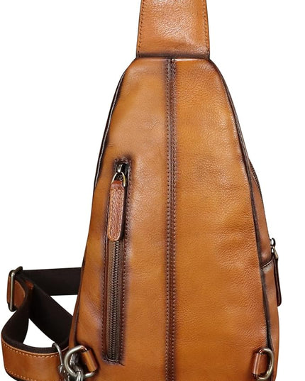 Genuine Leather Sling Bag Embossed Crocodile Pattern Leather Crossbody Sling Backpack Handmade Chest Purse Daypack (Brown)