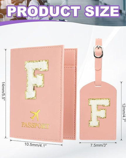 PATIKIL Passport Holder for Travel, Initial Passport Cover and Luggage Tag Set with Alphabet Chenille Letter Patch Travel Wallet Bag Suitcase Identifier for Women Family Travel Pink F