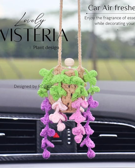 Handmade Crochet Hanging Car Air Freshener - Botanical Wisteria Blossom Design with 12ml Refillable Glass Essential Oil Bottle, Long-Lasting Car Diffuser & Nature-Inspired Decor