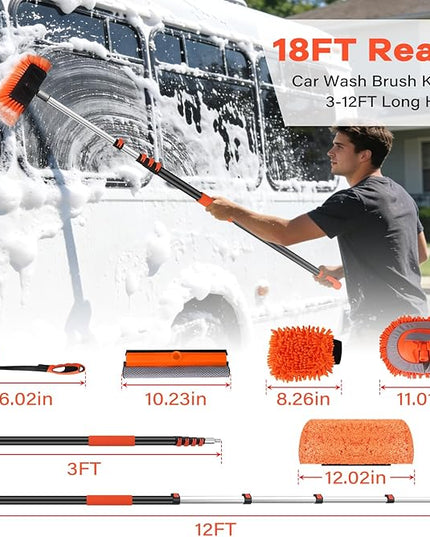 Car Wash Brush with Long Handle,144" Scratch-Free Soft Bristle Car Cleaning Kit with Extension Pole,Microfiber Clean Mop,Window Squeegee,Mitt,Wheel Brush for RV,Truck,SUV,Siding Washing