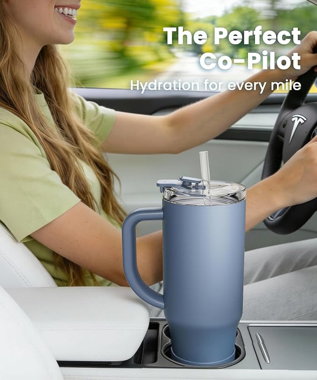 Renoj Tumbler with Handle 100% Leak Proof Insulated Water Bottle for Iced Coffee & Hot Drinks - Fits Car Cup Holder, Ideal Gift, 2 Straws & Silicone Boot BPA-Free - SnapShift Navy Blue 40 oz