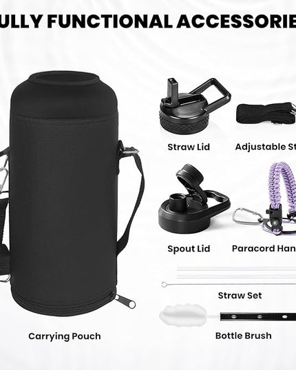 Insulated Water Bottle 87 oz, Triple Wall Vacuum Stainless Steel (Cold for 48 Hrs), Leak Proof & Non-BPA, Modern Water Flask Jug with Paracord Handle & Straw Spout Lids, Lilac
