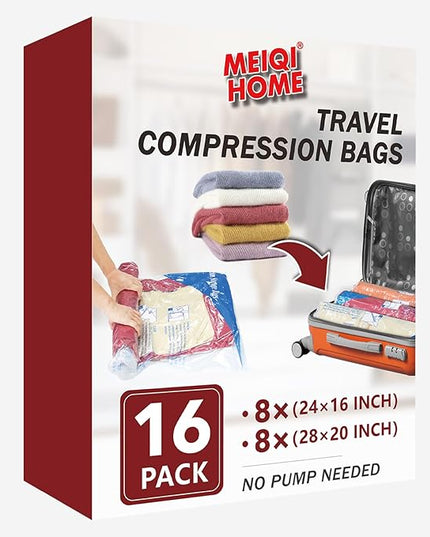 16 Pack Compression Bags for Travel | Vacuum Seal Storage Bags for Luggage & Dirty Clothes | Travel Packing Space Saver Bags for Suitcases & Home Organization | MEIQIHOME