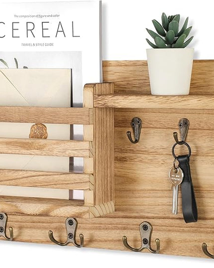 Nekon Mail Holder for Wall Mail Organizer with Key Hooks Hallway Farmhouse Decor Storage Racks with Floating Shelf and Flush Mount Hardware (16.8Inch x 10Inch x 3.2Inch) (Wood)