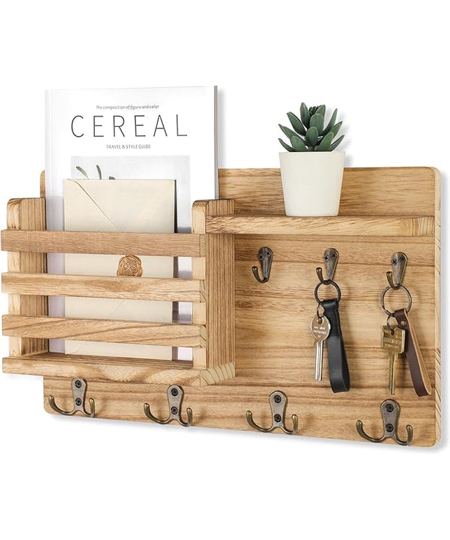 Nekon Mail Holder for Wall Mail Organizer with Key Hooks Hallway Farmhouse Decor Storage Racks with Floating Shelf and Flush Mount Hardware (16.8Inch x 10Inch x 3.2Inch) (Wood)