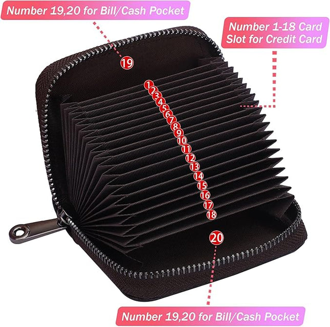 Linno RFID 20 Slots Credit Card Holder Genuine Leather Small Wallet for Women or Men with Zipper