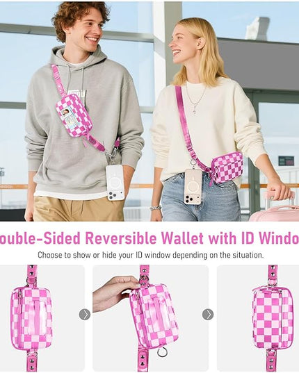 Clip and Go Strap for Phone with Wallet Crossbody Phone Lanyard and Detachable Checkered Bag with ID Window and RFID Pouch for Daily Travel.