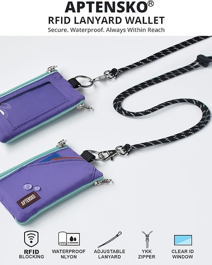 RFID Travel Wallet with Adjustable Lanyard-Zipper Small Wallet with ID Card Holder, Keychain for women&men-Minimalist Slim Waterproof Nylon case for ID, Cash, Key (Violet)