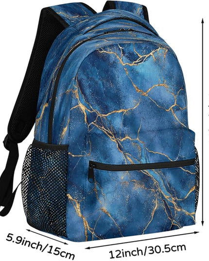 Large Backpack with 15.6 Inch Laptop Compartment, Blue Marble with Gold Veins Texture Adult Backpack for Work, Travel & School College Boys Girls