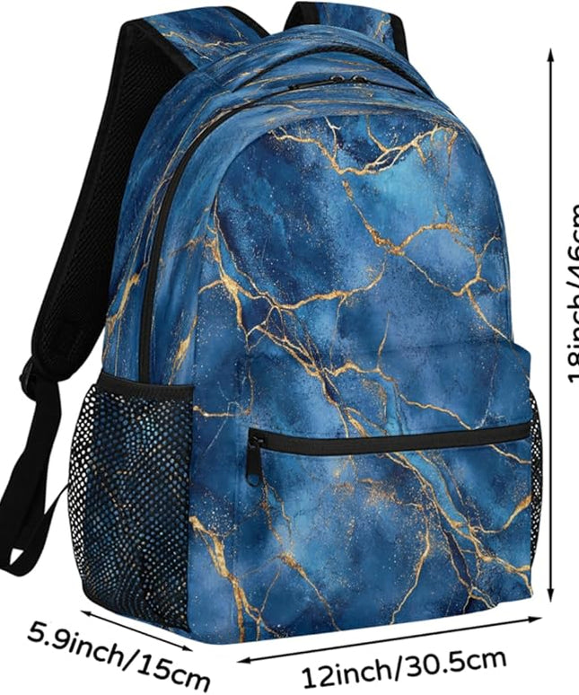 Large Backpack with 15.6 Inch Laptop Compartment, Blue Marble with Gold Veins Texture Adult Backpack for Work, Travel & School College Boys Girls