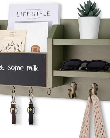 Lwenki Mail and Key Holder – Wall Mount Key Hanger with Shelf and 7 Metal Hooks – Decorative Natural Paulownia Wood Entryway Organizer with Mounting Hardware (16.5”W x 8.7”H x 3.5”D) (Sage-Green)