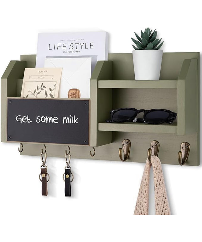 Lwenki Mail and Key Holder – Wall Mount Key Hanger with Shelf and 7 Metal Hooks – Decorative Natural Paulownia Wood Entryway Organizer with Mounting Hardware (16.5”W x 8.7”H x 3.5”D) (Sage-Green)