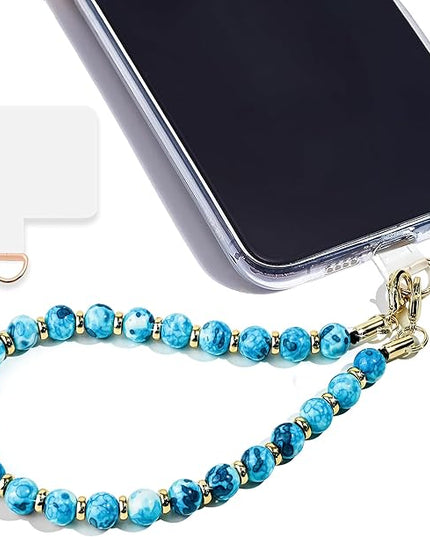 Marble Beaded Phone Wrist Strap,Detachable Phone Bracelet Strap with Tether Tab,Hands-Free Wristlet Strap (Blue Ink)