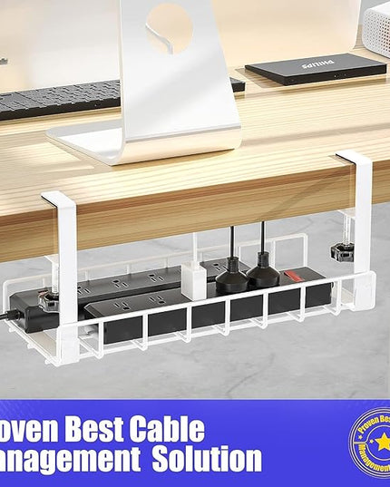 Under Desk Cable Management Tray 2 Pack, Xpatee Upgraded Wire Management No Drill No Screws, Cable Tray with Clamp for Wire Organizers, Computer Cord Rack for Office, Home - No Damage to Desk White