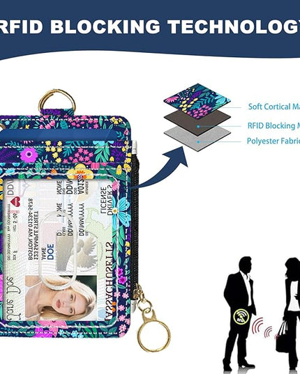 Slim Wallet Credit Card Holder, Purple Floral Print X, RFID Wallet Women Cute Small Front Pocket Wallet With Zipper, PU Leather Thin travel RFID Blocking Card Case ID Window,Ladies Gifts